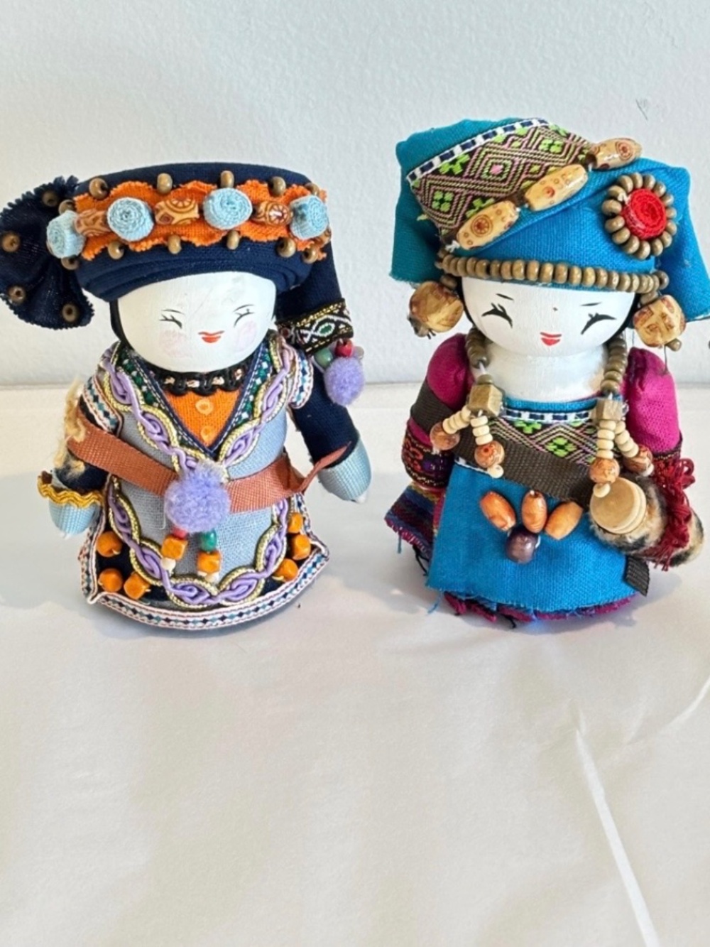 Vintage Chinese folk art dolls SET OF TWO hand-painted wooden faces traditional